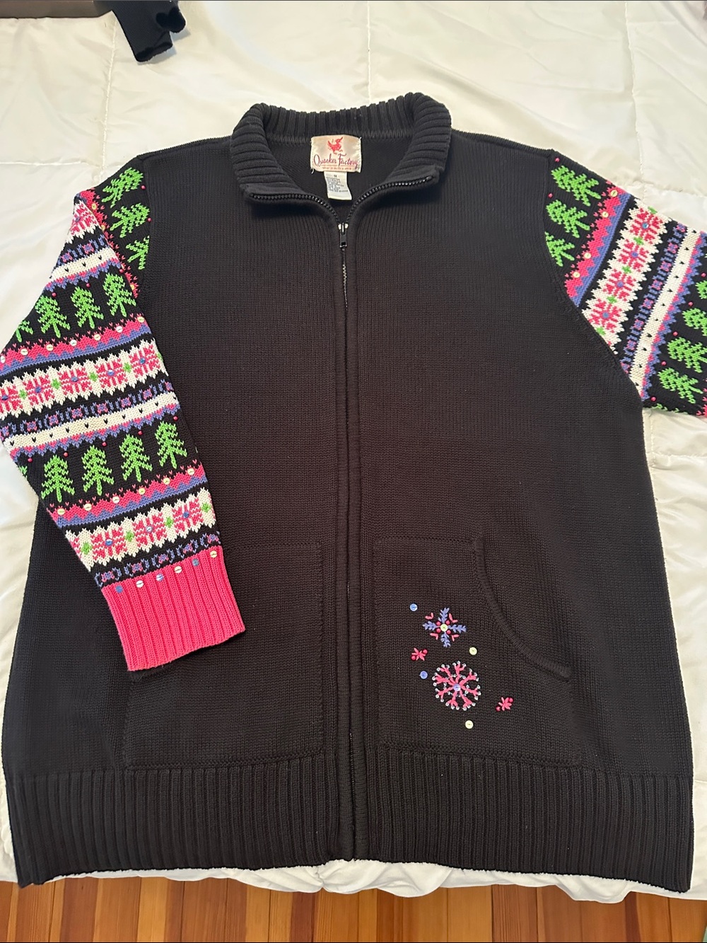 Quacker Factory sweater long sleeve zip up Black pink Nordic Snowflakes🌲❄️☃️(R)